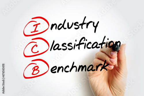 ICB Industry Classification Benchmark - system for assigning all public companies to appropriate subsectors of specific industries, acronym text concept background photo