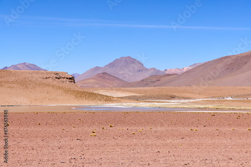 Bolivia, Avaroa National Park. Desert and mountain landscape with salt lakes and flamingos.