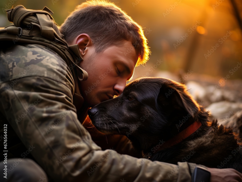 Military man hugs dog in the warm autumn rays of the sun, AI Military man hugs dog in the warm autumn rays of the sun, AI