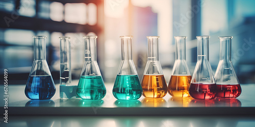 3d illustration of a chemical reaction, the concept of a scientific laboratory glassware with liquid. A chemistry lab with different colored liquids on a table.AI Generative