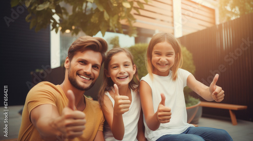 Portrait of a young family with two kids smiling and shoving thumbs up photo