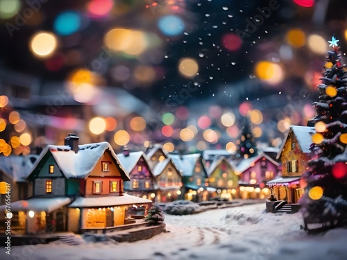 Miniature Christmas village with colorful lights and bokeh, winter landscape background