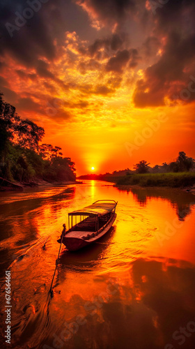 Beautiful sunset scenery on river a boat roaming, photo