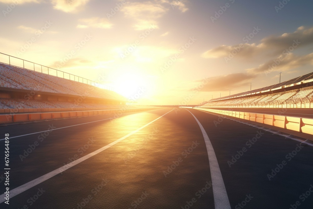 Empty race track with grandstands, spotlights, and a shooting in the middle. Starting point for racing. 3D render. Generative AI