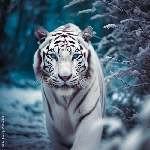 Beautiful white tiger roaming in snow jungle havin, photo