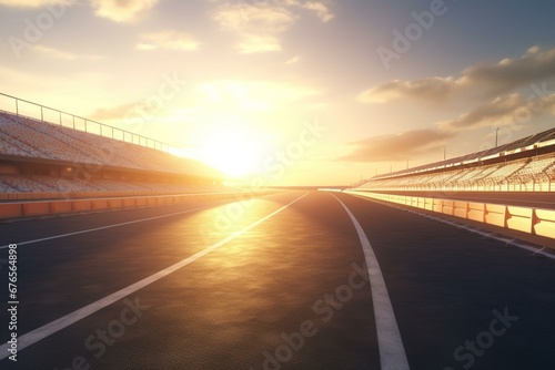 Empty race track with grandstands, spotlights, and a shooting in the middle. Starting point for racing. 3D render. Generative AI