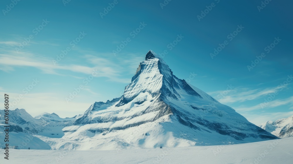  a very tall snow covered mountain in the middle of a clear blue sky with a few clouds in the sky.  generative ai
