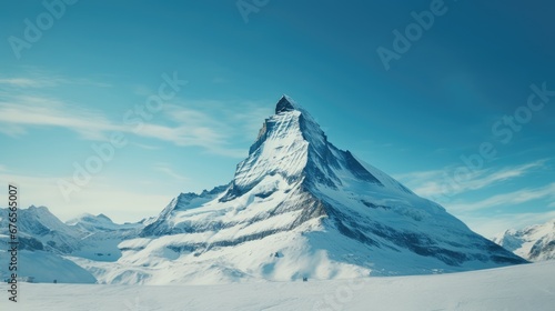  a very tall snow covered mountain in the middle of a clear blue sky with a few clouds in the sky.  generative ai © Anna