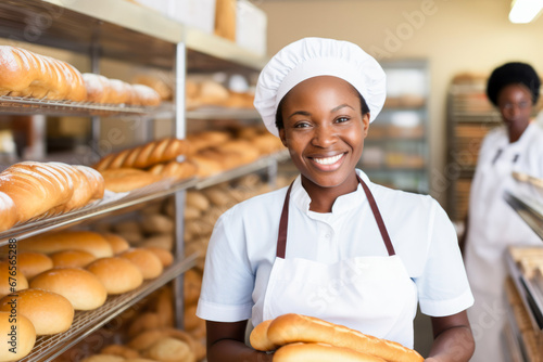 Black female baker in a bakery holding rolls.