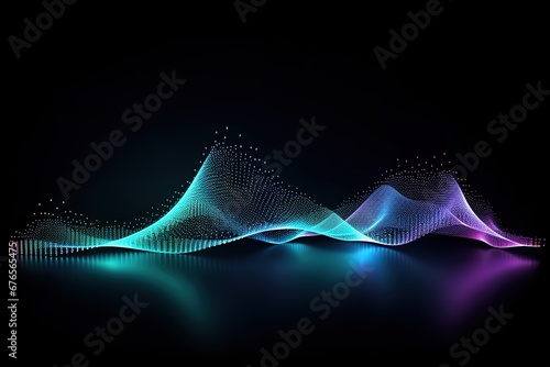 Sound waves in halftone blue and green gradient oscillating from shining light, abstract technology background.