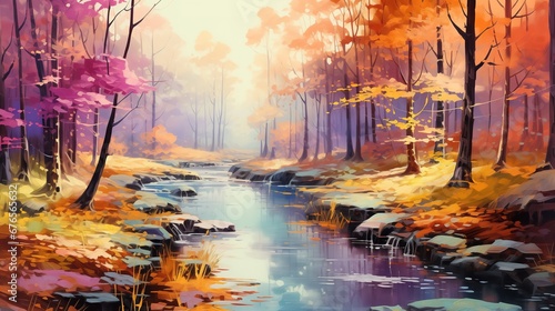 landscape in a fairy forest, colorful autumn trees in unusual neon lighting, foggy background autumn fantasy