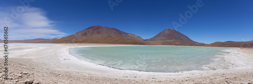 Bolivia, Verde Lagoon, Avaroa National Park. Beautiful lake with green toxic water. Panorama.