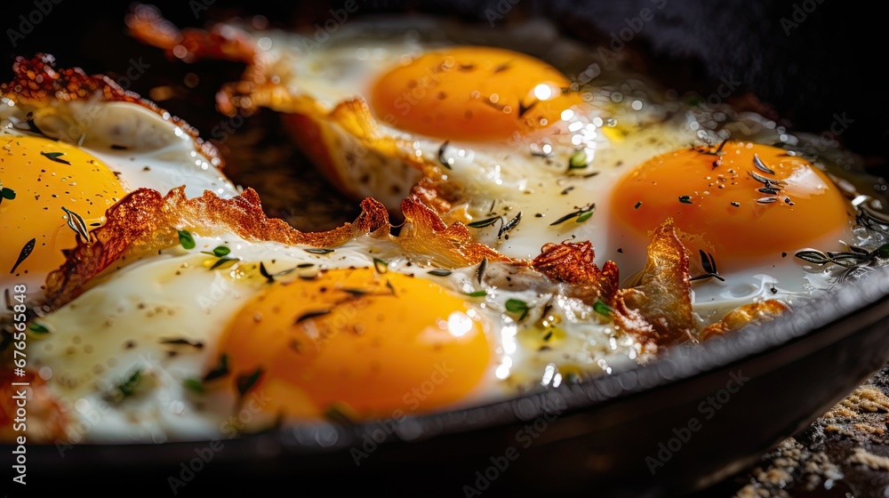 three fried eggs in a skillet with herbs on the side of the skillet and a sprig of rosemary on the side of the skillet. generative ai three fried eggs in a skillet with herbs on the side of the skillet and a sprig of rosemary on the side of the skillet. generative ai