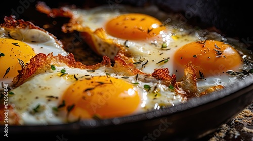  three fried eggs in a skillet with herbs on the side of the skillet and a sprig of rosemary on the side of the skillet. generative ai