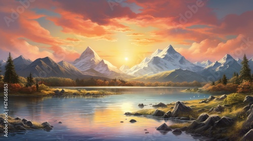  a painting of a mountain range with a lake in the foreground and a sunset in the middle of the picture.  generative ai © Anna
