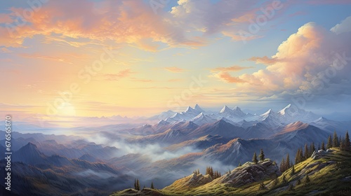  a painting of the sun setting over a mountain range with a mountain range in the foreground and clouds in the background.  generative ai © Anna