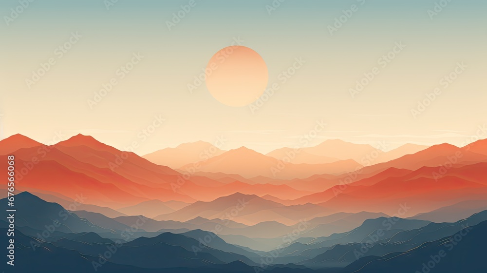 a view of a mountain range with a rising sun in the distance and a hazy sky in the foreground.  generative ai