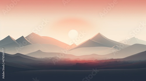  a painting of a mountain range with the sun setting in the distance and a red sky in the foreground. generative ai