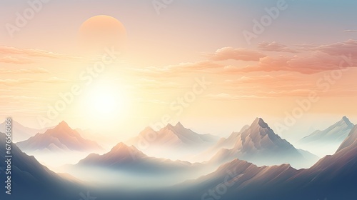  a painting of a mountain range with the sun setting in the distance and clouds in the sky over the top of the mountains.  generative ai