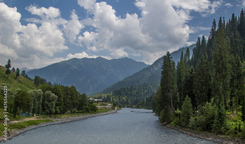 Picture of Mountain, Trees, River and Stream of adjoining areas of Kashmir. In this picture you can see the hill view along with stream and trees with beautiful scene of greenery on mountains