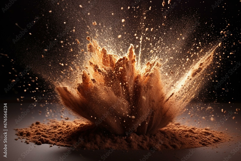 Cocoa dust burst on dark backdrop. Generative AI - obrazy, fototapety, plakaty 