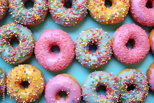 Iced donuts with sprinkles, colorful top view background. Generative AI