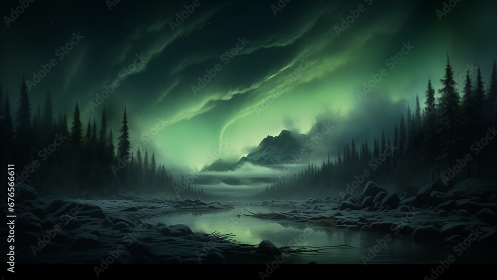 A spectacular view of the Aurora unfolding behind a lake in the Arctic region, reminiscent of an oil painting.