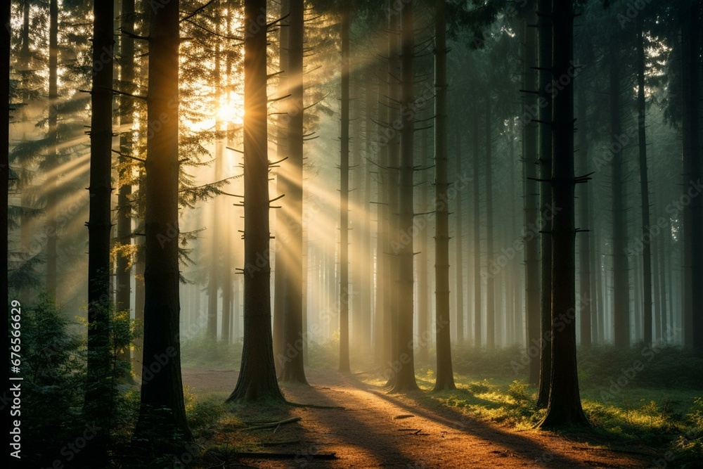 An image of a dense forest with sunlight streaming through the tall trees. Generative AI