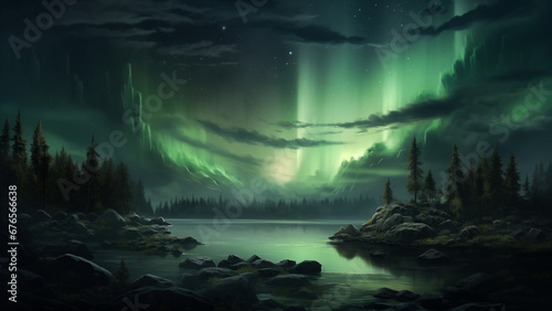 A spectacular view of the Aurora unfolding behind a lake in the Arctic region, reminiscent of an oil painting. © 대연 김
