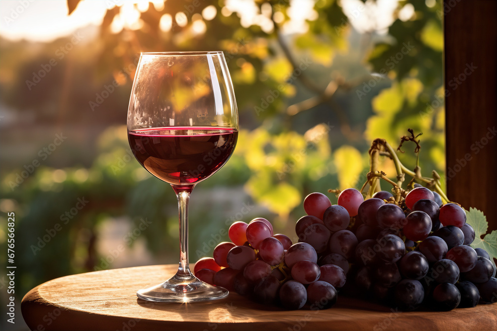 Sunlit glass of red wine, wooden surface, red and purple grapes, vineyard backdrop