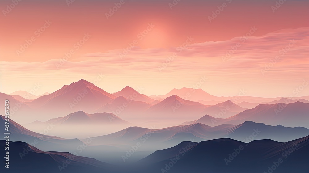  a view of a mountain range with the sun setting in the distance with a pink and blue sky in the background.  generative ai