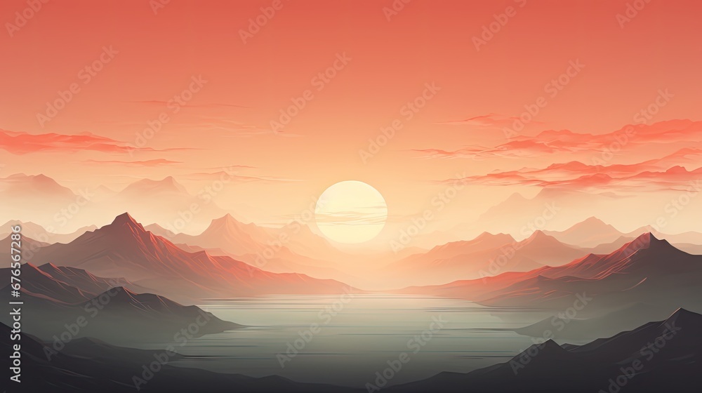  a painting of a sunset over a mountain range with a body of water in the foreground and mountains in the background.  generative ai