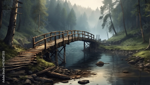 A broken, burned-down bridge over a river,  in a dense forest - AI Generative