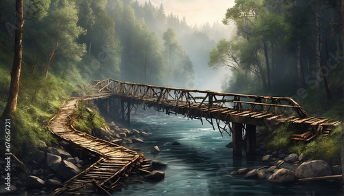 A broken  burned-down bridge over a river   in a dense forest - AI Generative