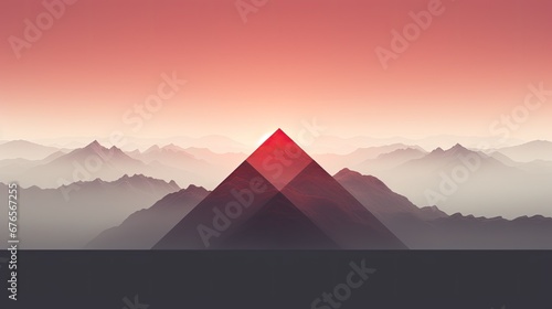  a mountain landscape with a red triangle in the middle of the mountain range and a pink sky in the background.  generative ai