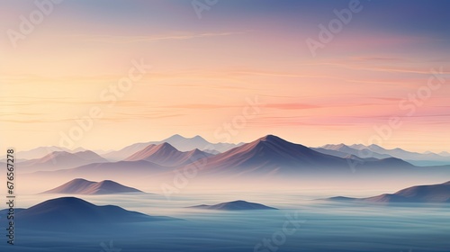  a painting of a mountain range with a pink and blue sky in the background and clouds in the foreground. generative ai