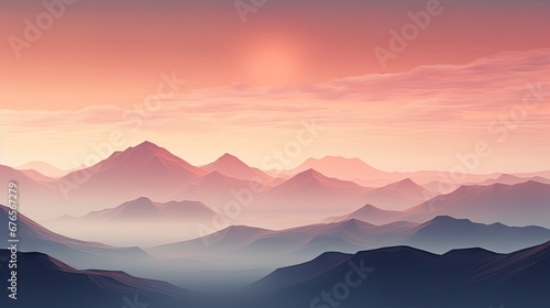 a view of a mountain range with the sun setting in the distance with a pink and blue sky in the background.  generative ai © Anna