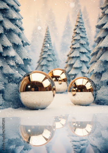 Winter concept. Christmas or New Year's idea. Pastel green forest firs with a spongy texture. Golden glitter balls on the snow. Pastel sky, snowflakes. Reflection of snow and light on the ball. photo