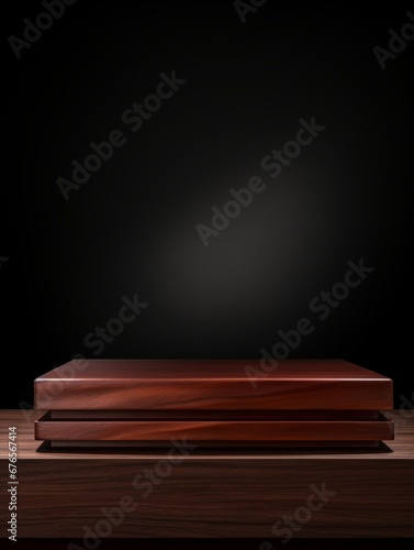 Wooden Mahogany Minimalistic Product Podium. The Stage for Product Presentation on Black Background. Geometric Platform Pedestal. Ai Generated Vertical Podium Mockup for a Product advertisement.
