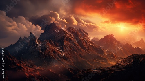  a painting of a mountain range at sunset with clouds and sun rays coming out of the top of the mountain.  generative ai © Anna