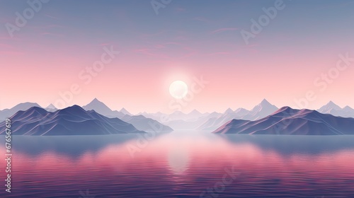  a large body of water with a mountain range in the distance and a bright sun in the sky above it. generative ai