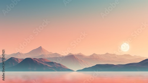  a large body of water with a mountain range in the background and the sun rising over the mountains in the distance.  generative ai © Anna