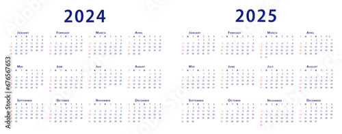 Calendar 2024, calendar 2025 week start Sunday corporate design planner template. Vector illustration. 