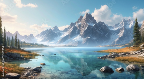 A rugged wilderness landscape, towering mountains and a crystal clear lake, is rendered in a hyper-realistic digital painting style - AI Generative © Being Imaginative