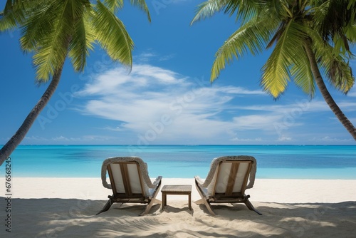 Serenity beach with palm trees  relaxing chairs  calm sea  an idyllic spot for a luxurious vacation or romantic getaway. Generative AI