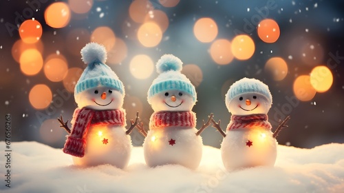 a family of snowman on a winter wallpaper in the bokeh panorama style. Christmas idea wallpaper.

 photo