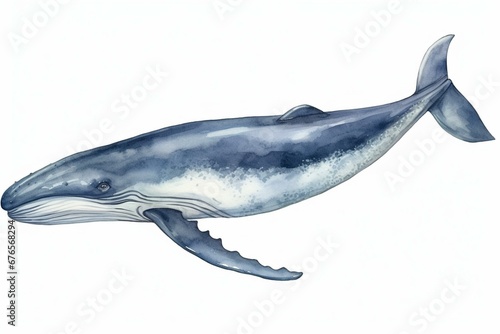 Realistic blue whale art on white background. Hand-painted watercolor illustration of underwater animal. Generative AI
