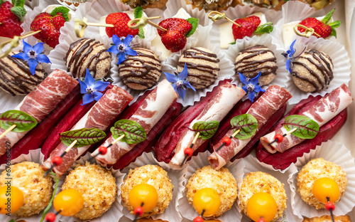 Catering service. Set of beautiful canapes. Buffet table. Shallow depth of view. © svetograph