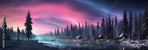 Polar Aurora lights over  small polar village, banner photo