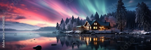 Winter polar light over  house in forest photo